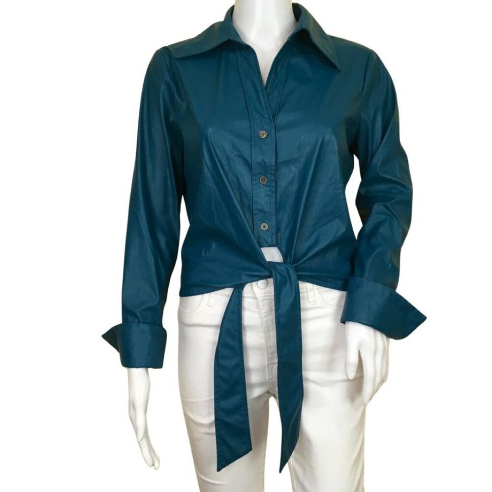 Pre-Owned Ramy Brook Women's Elegant Leather Shirt Front Tie Blue Metallic Sz 2